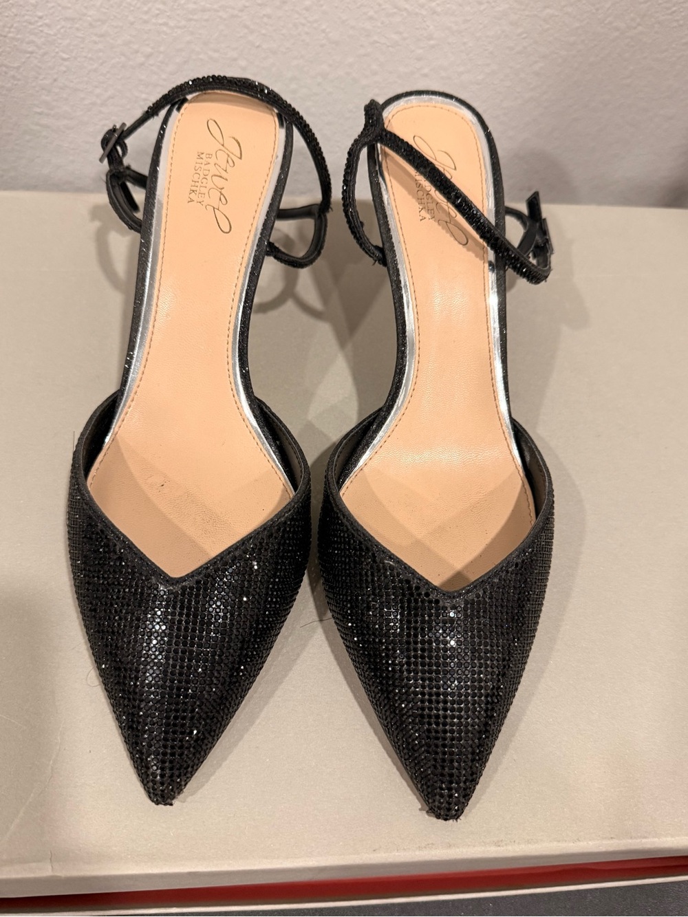Jewel Badgley Mischka Black Pointed Toe Slingback Heels